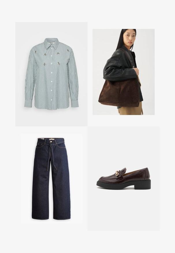 Cămașă cu mâneci lungi, dungi verzi și albe, având dungi verticale, închidere cu butoane și accente florale decorative din metal.; Blugi din denim cu talie înaltă, de culoare albastru închis, cu picior larg, dotati cu şnur pentru ajustare, cinci buzunare şi detalii de cusătură în contrast.; Mocasini din piele maro cu un cataramă aurie, toc bloc negru și o textură netedă. Vedere laterală care evidențiază vârful rotunjit și detaliile cusute.; Geantă de umăr din suede maro, cu o formă largă și o textură moale, având o singură curea și hardware minim pe un fundal neutru.