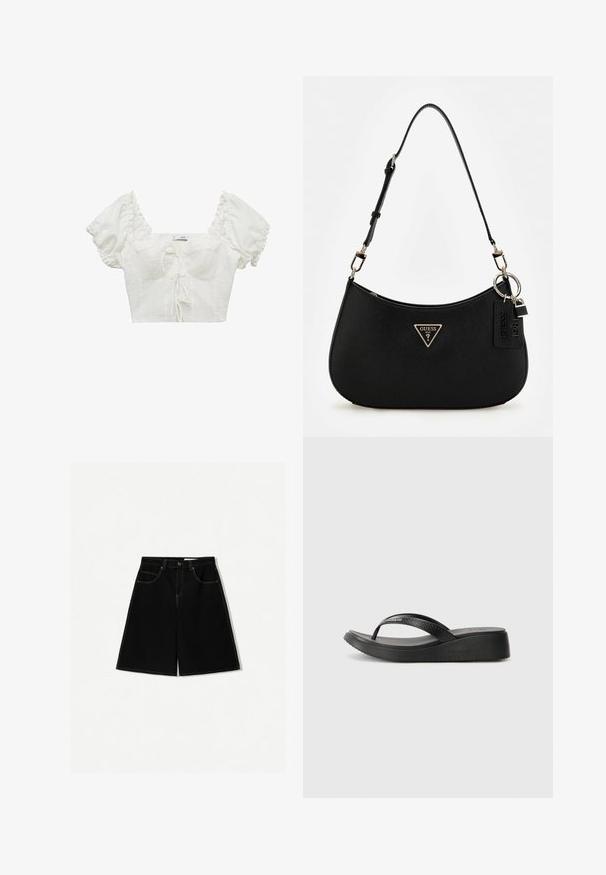 Mango Bluse - off-white; Schwarze Denim-Shorts mit lockerer Passform, ausgestattet mit fünf Taschen, gelben Nähakzenten und einem mittelhohen Bunddesign.; Schwarze Flip-Flops mit Gummiriemen und strukturiertem Fußbett. Verfügt über eine leichte Plattform und ein geformtes Design für zusätzlichen Komfort. Markenname eingestanzt.; Schwarze synthetische Schultertasche mit geschwungenem Silhouette, strukturiertem Finish, goldenem Dreiecks-Logo und abnehmbaren Hardware-Akzenten.
