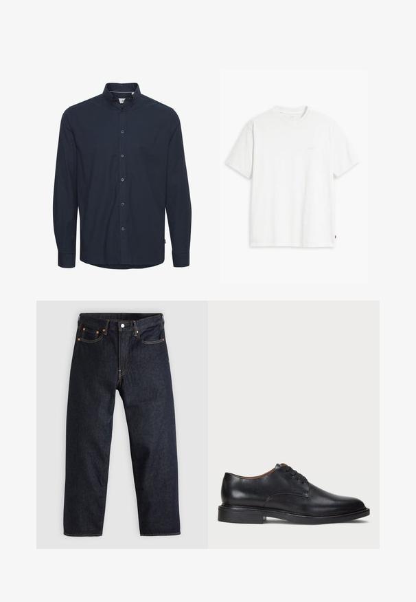 Navyblauwe shirt met lange mouwen van katoen. Voorzien van een button-down kraag, knopen aan de voorkant en standaard manchetten. Glad van structuur zonder patronen.; Witte katoenen T-shirt met korte mouwen, ronde hals en subtiele Levi's logo gedrukt in het midden. Zachte textuur en standaard pasvorm.; Donkerblauwe denim jeans met een rechte snit, vijf zakken, contrasterende oranje stiksels en een knoopsluiting. Geen zichtbare patronen of versieringen.; Zwart leren dresschoen met een ronde neus, vetersluiting en een lage gestapelde hak. Gladde textuur met minimale stiksels.