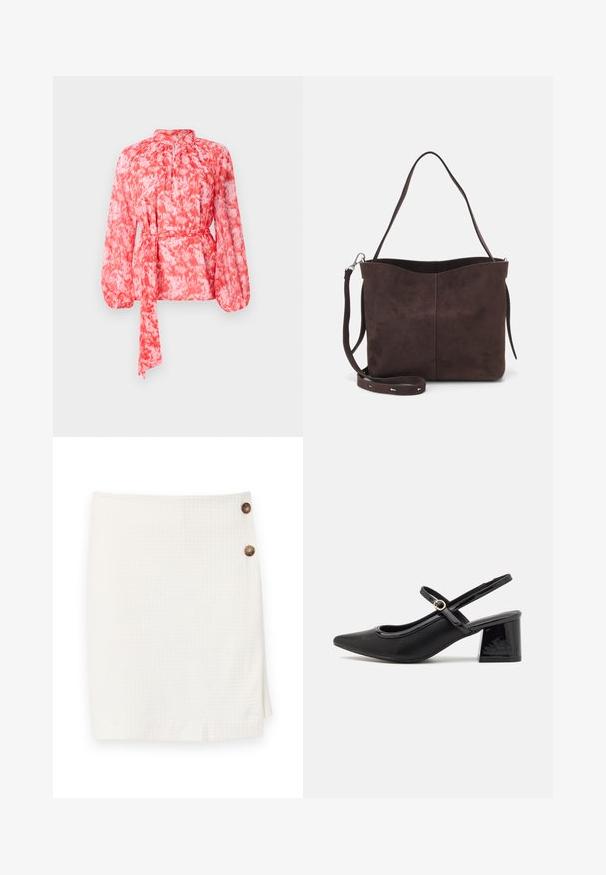 Bluză cu model roșu și alb, cu mâneci lungi, decolteu înalt și o curea în talie. Fabricată dintr-un material ușor, cu textură.; Fustă albă dintr-un material texturat, având un design cu înfășurare și două butoane rotunde pe lateral pentru închidere.; Cizme cu toc slingback din piele sintetică lacuită neagră, cu vârful ascuțit, un design cu decupaj rotunjit și toc bloc. Include un accent cu cataramă de culoare aurie.; Geantă tote din suede maro, cu o textură moale, având un singur mânere pentru umăr și o deschidere superioară subtil curbată. Fără detalii hardware vizibile.