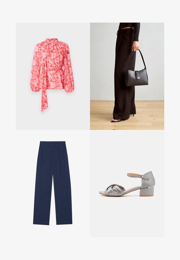 Sarkanais un baltais rakstotais blūze ar garām piedurknēm, augstu kakla izgriezumu un jostu viduklī. Izgatavota no viegla, teksturēta auduma.; Tumši zili platleņķa bikses, kas izgatavotas no mīksta auduma, ar priekšējo krokām, gludu tekstūru un taisnu piegriezumu bez redzamām kabatām.; Pelēku satīna papēžu sandales ar mezgla priekšējo dizainu, regulējamu potītes siksnu un zemu platformu. Gluda tekstūra un minimālistisks stils.; Melnā somiņa ar strukturētu formu, gludu tekstūru un metālu sprādzi. Saskaņota ar platām melnām biksēm un sandālēm ar atvērtu purngalu uz koka grīdas.