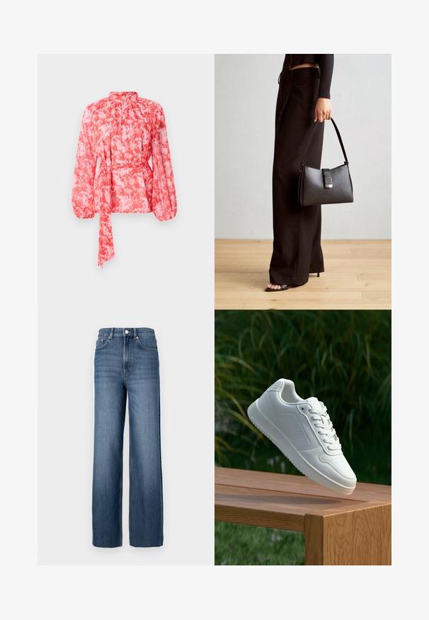 Bluzica s uzorkom u crvenoj i bijeloj boji, dugih rukava, visokog izreza i s remenom na struku. Izrađena je od lagane, teksturirane tkanine.; Plave traperice s visokim strukom i širokim nogavicama. Imaju klasičan dizajn s pet džepova i metalne detalje na dugmetu.; Bijela tenisica sa glatkim sintetičkim gornjim dijelom, perforiranim prednjim dijelom, ravnim vezicama i teksturiranom potplatom, prikazana na drvenoj površini.; Crna torba s oblikom koji sadrži strukturu, glađu teksturu i metalnu kopču. Uparena s širokim crnim hlačama i sandalama na otvorenom s drvenog poda.