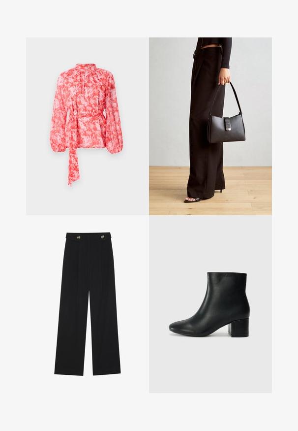 Blusa a maniche lunghe con motivo rosso e bianco, colletto alto e cintura con fiocco in vita. Realizzata in tessuto leggero e strutturato.; Pantaloni neri a gamba larga con vita alta, dettagli con bottoni in vita e pieghe frontali.; Stivali neri in pelle fino alla caviglia con punta appuntita e tacco spesso. Texture liscia con minimi dettagli e un design elegante e aderente.; Borsa nera con forma strutturata, texture liscia e una chiusura metallica. Abbinata a pantaloni neri larghi e sandali open-toe su un pavimento in legno.