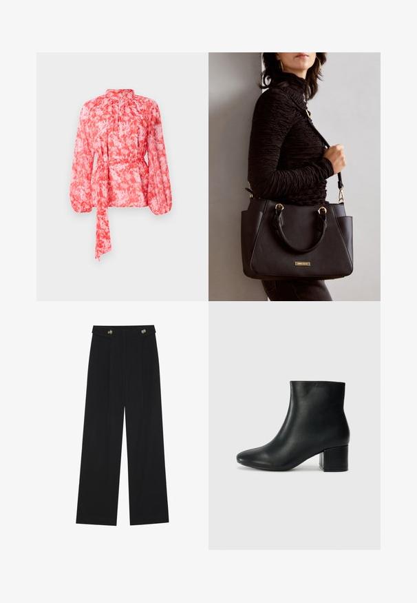 Punainen ja valkoinen kuvioitu paita pitkillä hihoilla, korkealla kaula-aukolla ja vyötärölle sidottavalla nauhalla. Valmistettu kevyestä, teksturoidusta kankaasta.; Mustat leveälahkeiset housut, joissa on korkea vyötärö, napit vyötärönauhassa ja etupuolella laskokset.; Musta nahkasaappaat nilkkapituudella, jossa on terävä kärki ja paksu korko. Silkkinen pinta, jossa on minimaaliset yksityiskohdat ja tyylikäs, istuva muotoilu.; Musta käsilaukku, jossa on teksturoitu pinta, kaksi yläkantta ja säädettävä olkahihna. Varustettu kultasävyisillä varusteilla ja sivutaskuilla.