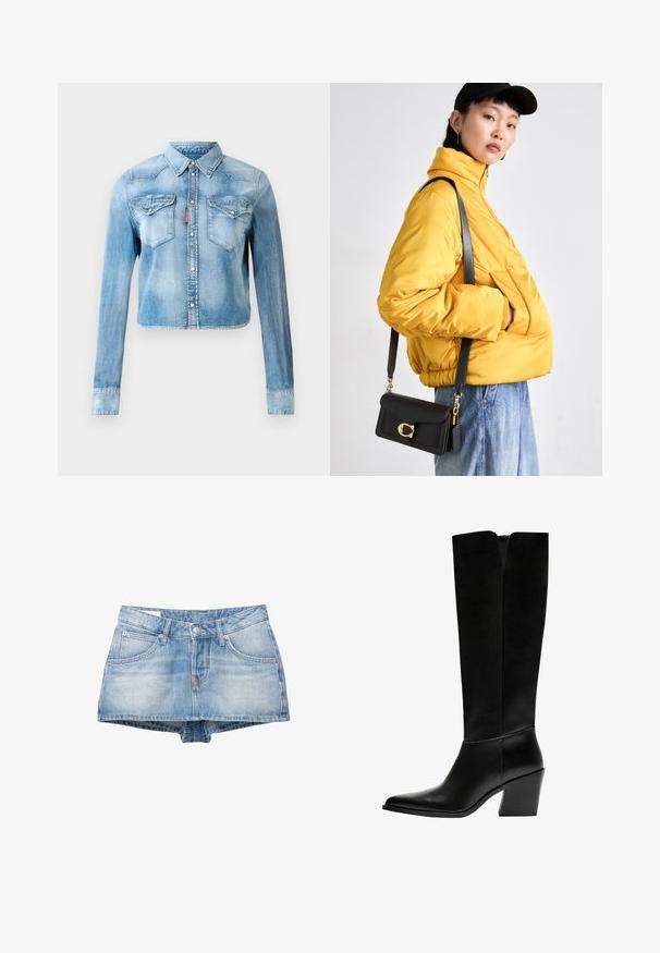 Világos kék farmer cropped dzseki hosszú ujjakkal, patent gombokkal, két mellzseb flap-pel, és egy piros címkével a bal zsebvarrásnál.; Világoskék farmer rövidnadrág, elhalványított mosással. Öt zseb és elöl gombos záródás jellemzi. Klasszikus fazon, egyenes szegéllyel.; Fekete, térd fölé érő csizma sima bőrből, hegyes orral, tömbsarkával és V-alakú kivágással a tetején.; Sárga steppelt kabát magas gallérral és elülső zsebbel, fekete keresztpántos táskával, arany kiegészítőkkel. Kényelmes farmer alsó.