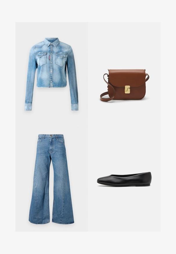 Gai zils džinsu jakas ar īsām piedurknēm, pogām uz spiedpogu principa, divām krūšu kabatām ar atloku un sarkano birku kreisās kabatas vīlē.; Platas kājas zila džinsa bikses ar augstu jostasvietu, ar klasisku piecu kabatu dizainu un nelielu izsēdēšanos tekstūras dēļ.; Paul Smith TOPANGA - Balerīnas laiviņas - black; Bordo ādas rokas soma ar atloku, zeltītām detaļām, plecu siksnu un gludu virsmu. Kompakta, taisnstūrveida forma.