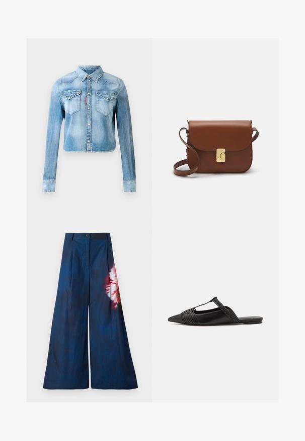 Light blue denim cropped jacket with long sleeves, snap buttons, two chest flap pockets, and a red tag on the left pocket seam.; Wide-leg trousers in dark navy fabric, featuring a floral print in pink and yellow on one side, with a button closure at the waist.; Black leather slingback shoe with a pointed toe, featuring a woven accent and pleated upper design. Flat sole with minimal hardware.; Brown leather handbag with a flap closure, gold-tone hardware, a shoulder strap, and a smooth texture. Compact rectangular shape.