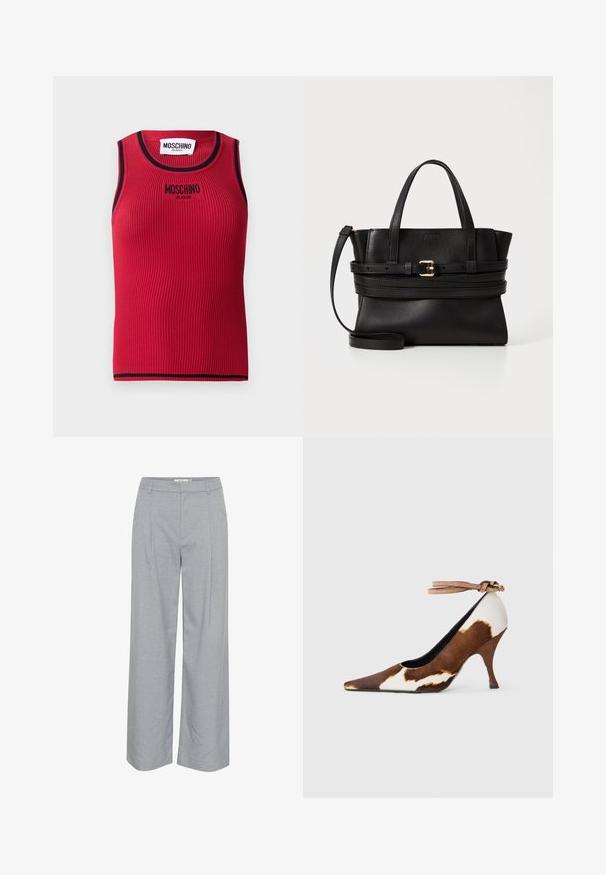 Top sin mangas de color rojo con canalé y detalles en negro, con un logo "MOSCHINO JEANS" bordado en la parte frontal. Diseño entallado.; Pantalones de pierna ancha en gris claro, con una textura suave, que presentan pliegues frontales y una cinturilla plana. Diseño minimalista, sin accesorios visibles.; Zapato de tacón alto con estampado de vaca marrón y blanco, puntera puntiaguda, superficie texturizada y una correa de tobillo con una hebilla marrón claro.; Bolso de mano de cuero negro con diseño estructurado, asas superiores dobles, correa desmontable y un acento de hebilla dorada en una banda horizontal.