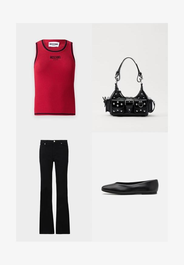 Red ribbed tank top with black trim, featuring a logo "MOSCHINO JEANS" embroidered on the front. Sleeveless design, fitted silhouette.; Black flared jeans made of denim, featuring two front pockets, a button closure, and a smooth texture. Signature stitching visible at seams.; Paul Smith TOPANGA - Ballet pumps - black; Black leather handbag with a curved design, featuring silver studs, a buckle, and two side pockets. Adjustable strap for carrying options.