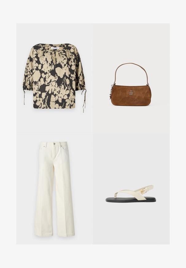 Crna i bež cvjetna bluza opuštenog kroja, okruglog izreza i naboranih rukava. Ima vezice na izrezu i elastične manžete.; Široke bijele traperice izrađene od mješavine pamuka. Imaju zatvarač, dizajn s pet džepova i šavove uz rubove.; Ravne sandale s crnim đonom. Gornji dio ima ukrštene trake u bež boji, s zlatnom kopčom na remenu oko gležnja. Glatka tekstura.; Smeđa zamjena torba s kratkim remenom. Sadrži srebrni logo, akcentu zvijezde i glatku teksturu. Kompaktni pravokutni oblik.