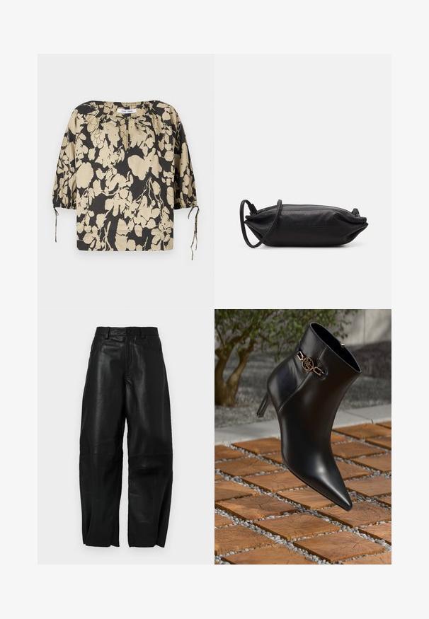 Sort og beige blomsterbluse med løs pasform, rund halsudskæring og pufærmer. Har bindebånd ved halsudskæringen og elastiske manchetter.; Sorte læderbukser med en løs pasform, der har en lige ben-design, forlommer og synlige syningsdetaljer.; Sort læder ankelstøvle med spids tå og lille hæl. Har en gylden kædeaccent om anklen. Omgivet af en tekstureret stensurface.; Sort læder clutch taske med rektangulær form, glat tekstur, tynd skulderrem og minimalistisk design.