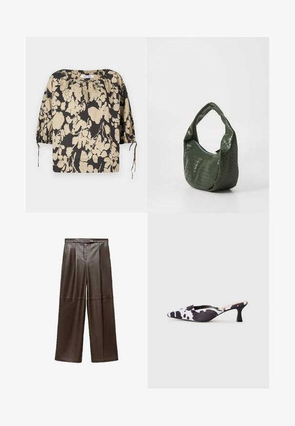 Black and beige floral blouse with a relaxed fit, round neckline, and puff sleeves. Features ties at the neckline and elastic cuffs.; Brown leather wide-leg pants with a smooth texture, featuring pleats at the front and a classic waistband design.; Pointed-toe slingback heels in black and white cow print design. Fabric upper with a textured finish and a slim black heel.; Green woven leather bag with a curved handle and zip closure. Features a textured, patterned surface and a soft, slouchy shape.