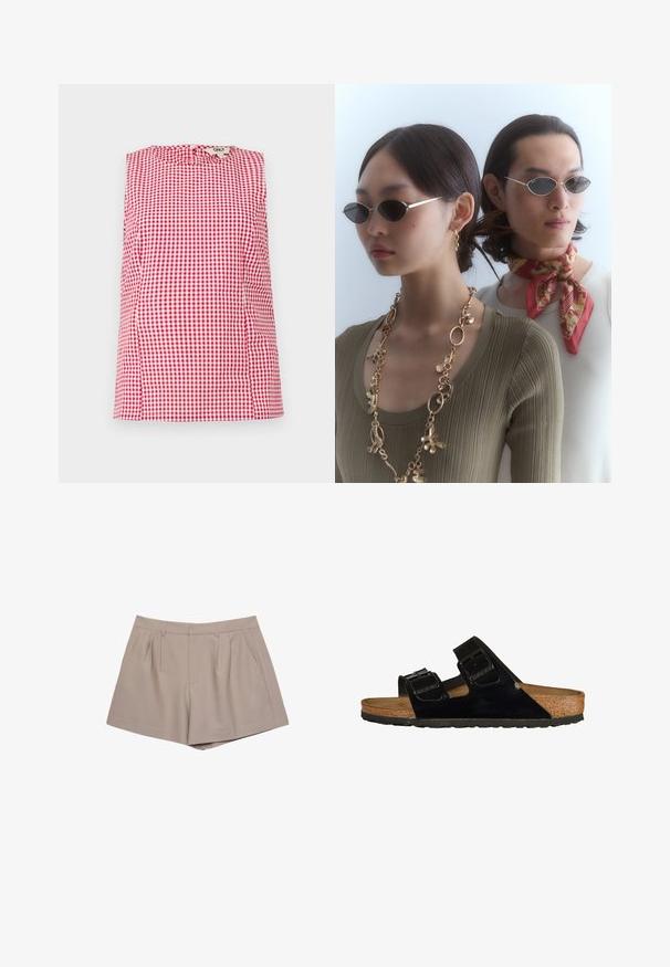 Punainen ja valkoinen ruudullinen hihaton toppi, jossa on pyöreä pääntie ja hienovaraiset laskokset olkapäillä. Napitus takana.; Beige high-waisted kustomised shorts dengan loop sabuk, plie depan, dan kantong samping, ditampilkan di latar belakang putih.; Musta patentoitu nahkaisandaalit, joissa on kaksi säädettävää hihnaa, korkkijalkatuki ja kumipohja, joissa on sileä pinta ja minimalistinen muotoilu.; Pyöreät aurinkolasit, joissa on tummat linssit ja ohuet hopeakehykset. Yhdellä henkilöllä on päällään kultaketju, kun taas toisella on punainen kuvioitu huivi.