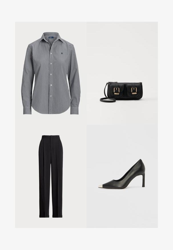 Dryžuotas mygtukų marškinis, turintis vertikalias mėlynas ir baltas juostas, ilgomis rankovėmis, smailiu apykakle ir mažai logotipu ant krūtinės.; Juodos pritaikytos kelnės su aukštu liemeniu, su klostėmis priekyje, tiesaus kirpimo ir užlenktais kraštais. Pagamintos iš lygaus audinio.; Juodas odinis aukštakulnis batelis su smailia nosimi ir metaliniu sidabriniu galiuku. Turi lygų paviršių ir ploną 10 cm kulną.; Juodas odinis per petį nešiojamas krepšys su dviem priekiniais kišenėmis, auksiniais sagtimis, užtrauktuko uždarymu ir siauromis petnešomis. Textūruota paviršius ir kompaktiškas stačiakampis formatas.