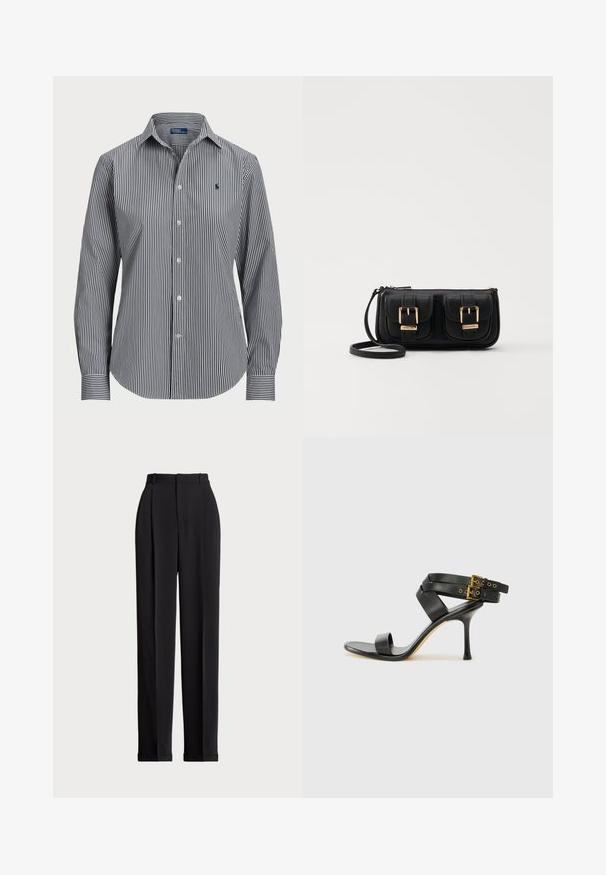 Gestreifte Hemdbluse mit vertikalen navyblauen und weißen Streifen, langen Ärmeln, spitzem Kragen und einem kleinen Logo auf der Brust.; Schwarze, taillierte Hose mit hoher Taille, mit Falten vorne, geradem Bein-Design und umgeschlagenem Saum. Aus glattem Stoff gefertigt.; Schwarze Absatzsandale mit gekreuzten Riemen und verstellbarem Schnallenverschluss. Sie verfügt über eine glatte Textur und einen schmalen Stiletto-Absatz.; Schwarze Leder-Umhängetasche mit zwei vorderen Taschen, goldenen Schnallen, Reißverschluss und einem schmalen Tragegurt. Texturierte Oberfläche und kompakte rechteckige Form.