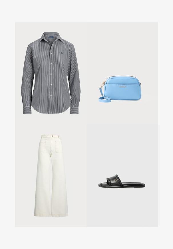 Camisa de botões riscada com listras verticais azuis e brancas, mangas longas, colarinho pontudo e um pequeno logotipo no peito.; Jeans de perna larga em denim off-white. Design de cintura alta com fecho de botão, dois bolsos frontais e detalhes de costura em contraste.; Sandal preto em couro com detalhe de fita trançada, sola plana e design elegante. Textura suave e perfil minimalista.; Bolsa crossbody em couro azul claro com acessórios em tom de ouro, fecho em zip, e um bolso frontal. Apresenta uma alça ajustável para conveniência.