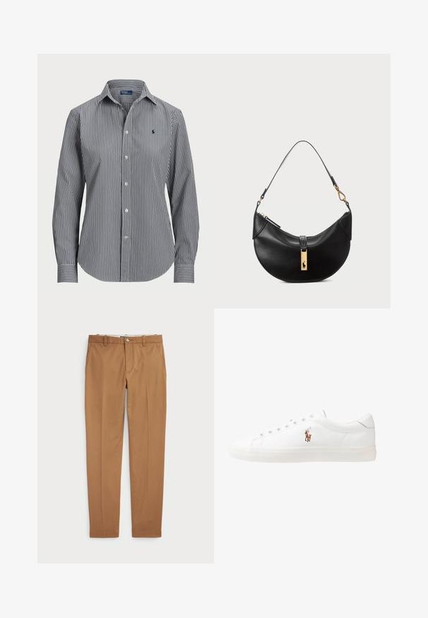 Svītrota pogāmā krekla ar vertikālām tumši zilām un baltām svītrām, garām piedurknēm, norādītu apkakli un mazu logotipu uz krūtīm.; Brūni kokvilnas bikses ar šauru piegriezumu, plakanu priekšpusi un standarta kabatām; gluda tekstūra un apšūti manšetes.; Baltas ādas sporta apavi, zema dizaina, ar gludu tekstūru, noapaļotu purngalu, ar auklēm priekšpusē un nelielu izšūtu logotipu sānos.; Melnas ādas rokas soma pusmēness formas. Iezīmē zelta metāla akcentus un šauru siksniņu. Gluda tekstūra, rāvējslēdzēja aizdare augšpusē.