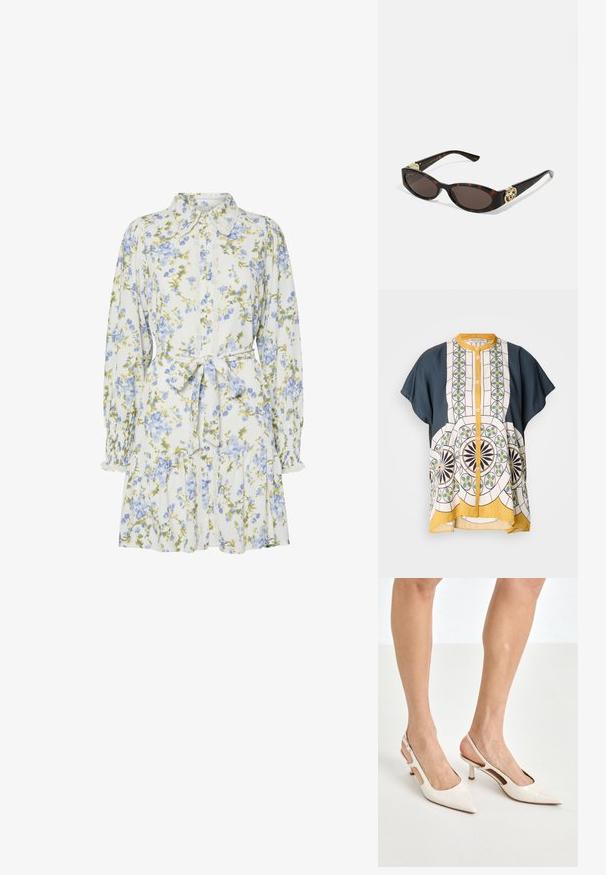 Kurzarm-Hemd mit Knöpfen aus marineblauem und gemustertem weißen Stoff, der geometrische Designs in Grün, Gelb und Schwarz aufweist.; Blumenkleid in Weiß mit blauen und grünen Blumen, mit einem Kragen, durchgehender Knopfleiste, langen Ärmeln mit elastischen Bündchen und einem Taillengürtel.; Beige Lackleder Slingback-Absätze mit spitzem Fuß und 5 cm Absatz, mit ausgeschnittenen Seiten und einem schmalen Knöchelriemen.; Schildpatt-Sonnenbrille mit länglich-ovalen Gläsern, braunem Farbton, goldenen Logo-Akzenten an den Bügeln und schlanken schwarzen Bügeln.; Perlen- und Kristallhalskette mit einem runden, perlenbesetzten Design in sanften Farbtönen, das abwechselnd Perlen und funkelnde Akzente zeigt, um den Hals getragen.