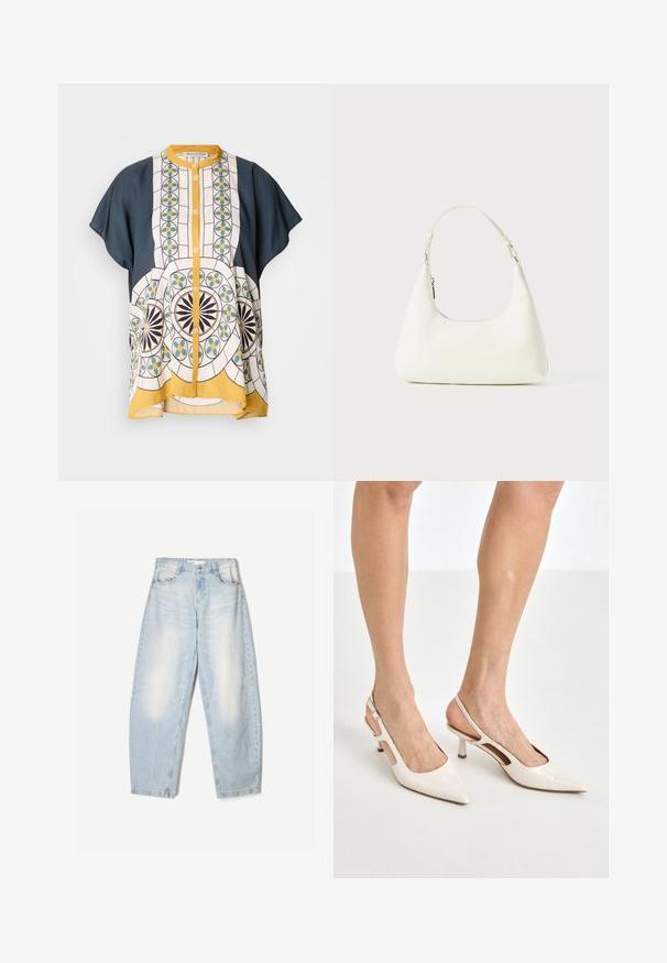 Kurzarm-Hemd mit Knöpfen aus marineblauem und gemustertem weißen Stoff, der geometrische Designs in Grün, Gelb und Schwarz aufweist.; Hellblaues Spitzen-Top mit dünnen Trägern, versehen mit einem gewellten Spitzenrand und floralem Muster, entworfen für eine figurbetonte Silhouette.; Hellblaue Jeans aus Denim mit lockerer Passform, im ausgewaschenen Finish, zwei Fronttaschen und einem Knopfverschluss am Bund.; Beige Lackleder Slingback-Absätze mit spitzem Fuß und 5 cm Absatz, mit ausgeschnittenen Seiten und einem schmalen Knöchelriemen.; Kleine weiße Schultertasche mit einem verstellbaren Tragegurt und einem Reißverschluss, vor einem schlichten weißen Hintergrund.
