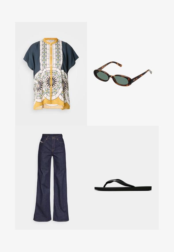 Chemise à manches courtes avec un tissu bleu marine et blanc à motifs, présentant des designs géométriques en vert, jaune et noir.; Jeans ample bleu foncé en denim avec taille haute, ornés de surpiqûres orange, d'un design à cinq poches et d'une fermeture à bouton.; Tong sandale en caoutchouc noir avec une bride en T texturée et une semelle plate simple, montrée de côté sur un fond clair.; Lunettes de soleil en écaille de tortue avec des montures ovales et des verres verts. Elles présentent des branches fines avec un accent métallique près des charnières.; Boucles d'oreilles en métal argenté avec un design ondulé et sculptural, présentant une finition polie et des formes irrégulières, mettant en valeur une esthétique contemporaine.