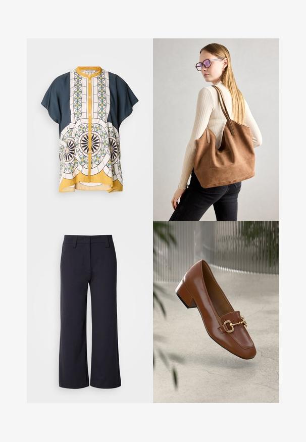 Camicetta a maniche corte con bottoni in tessuto blu navy e bianco a fantasia, caratterizzata da disegni geometrici in verde, giallo e nero.; Pantaloni a gamba larga di tessuto blu navy scuro. Presentano una parte anteriore piatta, passanti per cintura e tasche laterali. Il materiale è morbido con una leggera elasticità.; Mocassino in pelle verniciata marrone con punta quadrata, accentato da catena metallica e tacco basso; texture liscia, design minimalista.; Borsa a tracolla in suede marrone con texture morbida, ampia apertura e lunghe cinghie. Caratterizzata da un design semplice con cuciture visibili e senza accessori.