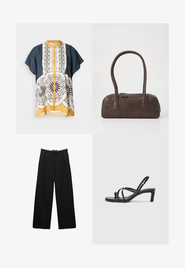 Camicetta a maniche corte con bottoni in tessuto blu navy e bianco a fantasia, caratterizzata da disegni geometrici in verde, giallo e nero.; Pantaloni neri a gamba larga realizzati in tessuto liscio. Presentano pieghe frontali, una vita con passanti per la cintura e una silhouette sartoriale.; Sandalo nero con cinturini, dalla punta squadrata e tacco basso a blocco. Presenta diversi cinturini sottili e una cinturini regolabile alla caviglia. Realizzato in pelle liscia.; Borsa a mano in pelle marrone con due manici robusti, forma rettangolare, texture liscia e chiusura con zip. Design minimalista senza motivi visibili.; Orecchini in metallo argento con un design ondulato e scultoreo, caratterizzati da una finitura lucida e forme irregolari, che evidenziano un'estetica contemporanea.