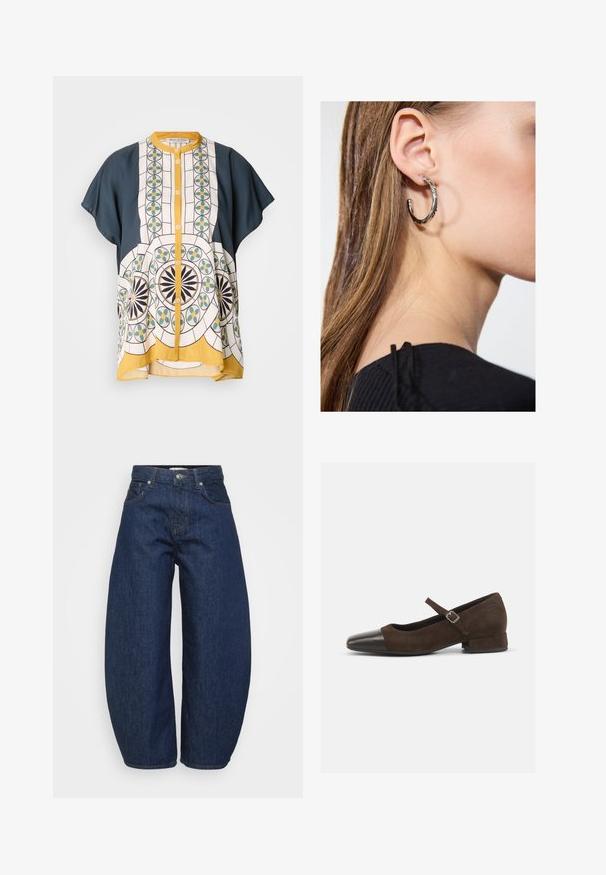 Short-sleeve button-up shirt with navy blue and patterned white fabric featuring geometric designs in green, yellow, and black.; High-waist dark blue denim jeans with wide legs, front button and zipper closure, and classic five-pocket design.; Brown suede Mary Jane shoe with a black patent leather toe cap, adjustable strap, and a low block heel. Smooth texture with minimal accents.; Silver hoop earring with a polished finish, featuring small gold accent details and a round shape, worn on the lobe.