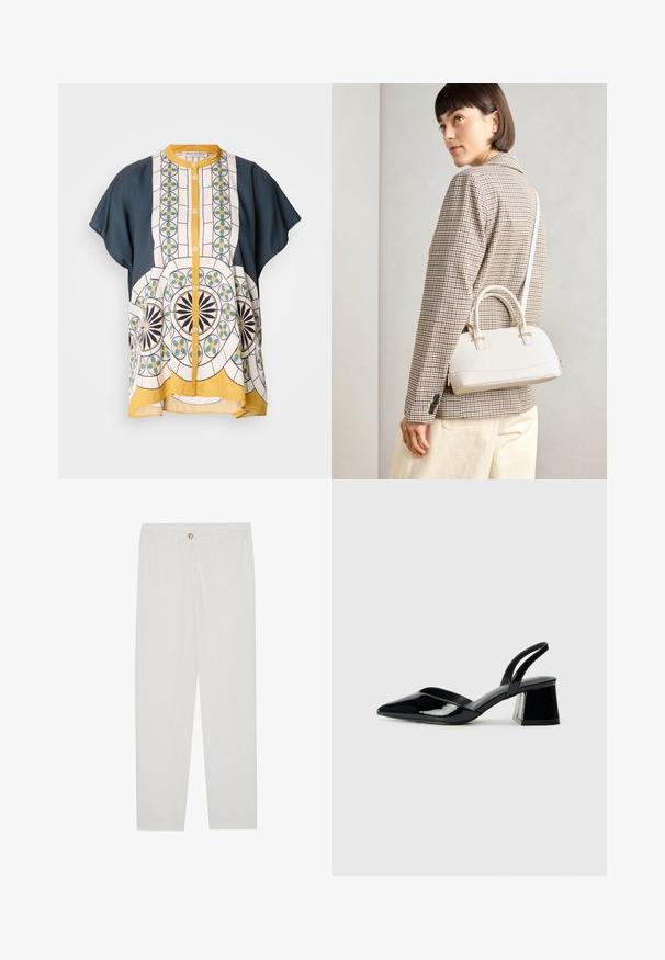 Camicetta a maniche corte con bottoni in tessuto blu navy e bianco a fantasia, caratterizzata da disegni geometrici in verde, giallo e nero.; Pantaloni bianchi su misura con design a gamba dritta, dotati di chiusura a bottone, passanti per cintura e tasche laterali; tessuto morbido.; Décolleté in vernice nera con punta affusolata e tacco in geometria cubica. Presentano un design elegante e minimalista, con una texture liscia.; Borsa a mano bianca strutturata con manici corti e tracolla, dotata di dettagli in metallo dorato e materiale testurizzato, esposta su uno sfondo grigio.