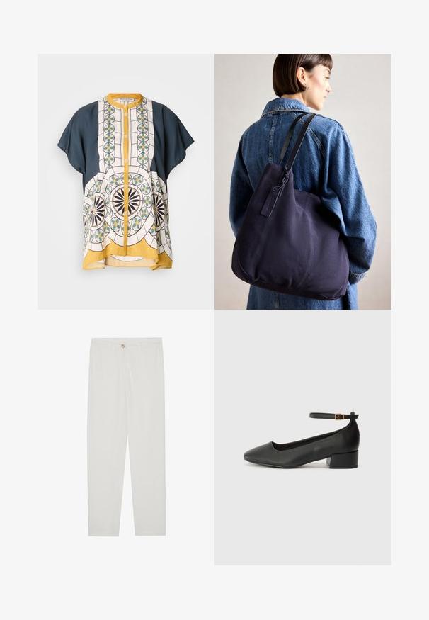 Short-sleeve button-up shirt with navy blue and patterned white fabric featuring geometric designs in green, yellow, and black.; White, tailored trousers with a straight leg design, featuring a button closure, belt loops, and side pockets; smooth fabric texture.; Black leather pump with a pointed toe and a low block heel. Features an ankle strap with a gold-tone buckle. Smooth texture.; Navy canvas shoulder bag with a soft, structured shape, featuring a black strap, stitched detailing, and a small brand tag.