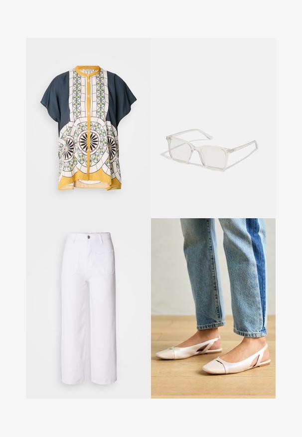 Rövid ujjú gombos ing sötétkék és mintás fehér szövetből, amely geometrikus mintákat tartalmaz zöld, sárga és fekete színben.; Fehér farmer széles szárú nadrág gombos záródással, övbújtatókkal, két elülső zsebbel és egy hátsó zsebbel. Tartós és texturált anyag.; Világos rózsaszín slingback laposlábú cipők, hegyes orral, sima bőrhatású anyagból készült. Oldalt kivágott részletek találhatók rajta, valamint lapos sarkú.; Átlátszó műanyag négyzet alakú szemüveg, áttetsző lencsékkel, arany díszítéssel a szárakon a fokozott részletekért.