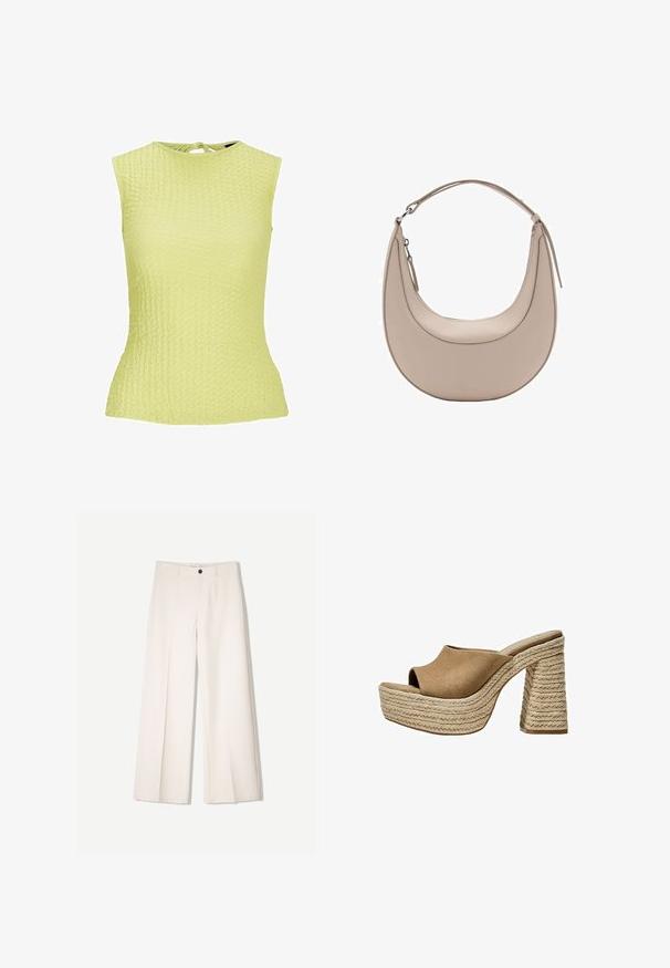 Světle žlutý bezrukávový top s texturovaným vzorem, přiléhavým střihem a detaily vázání na zadním výstřihu.; Krémové široké kalhoty s tailored designem, které mají dvě přední kapsy a jedno zapínání na knoflík vpředu, vyrobené z hladkého materiálu.; Hnědé semišové platformové muly s otevřenou špičkou, vybavené masivním opleteným juteovým podpatkem a hladkým zaobleným designem horní části.; Světle béžová kožená kabelka přes rameno s půlměsíčovým tvarem, hladkým povrchem a jedním zakřiveným uchopem. Obsahuje zipový uzávěr a upravené švy.