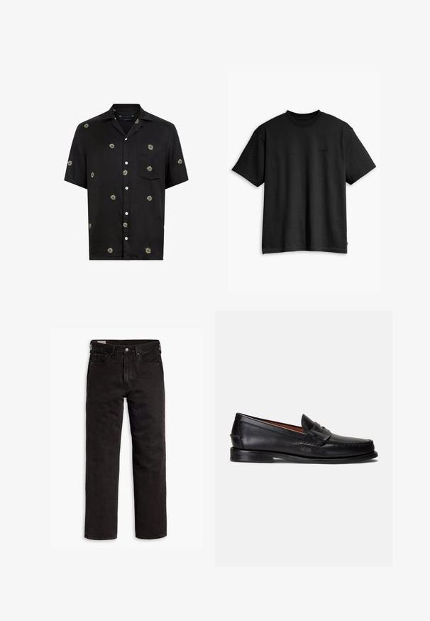 Črna kratka srajca s kratkimi rokavi in gumbi, okrašena s razpršenimi belimi in rumenimi motivi cvetov marjetic, s prsno žepom na levi strani.; Črna bombažna majica s kratkimi rokavi in krožnim izrezom. Ima diskreten logo na sprednji strani in raven rob. Preprost in minimalističen dizajn.; Črne kavbojke ravnega kroja z žepi, gumbnim zapiranjem in zankami za pas, ležijo položene na belem ozadju.; Črni usnjeni loaferji z gladkim zaključkom, zaobljenim koničkom in okrasnim trakom čez zgornji del. Imajo nizko črno podplato.