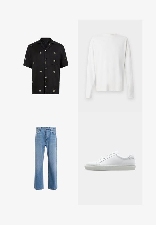 Camisa preta de manga curta com botões, com estampas espalhadas de flores margaridas brancas e amarelas, e um bolso no peito do lado esquerdo.; Camisa de algodão branca de mangas longas com decote redondo, fendas laterais na parte inferior e uma textura suave, mostrada de trás.; Calças de ganga azul claro com um design de perna reta, cinco bolsos, fecho de botão, desgaste mínimo e detalhes de costura em contraste.; Sapatilha branca com um cabedal em couro liso e de perfil baixo. Apresenta um bico redondo, seis ilhoses e uma sola de borracha texturizada.