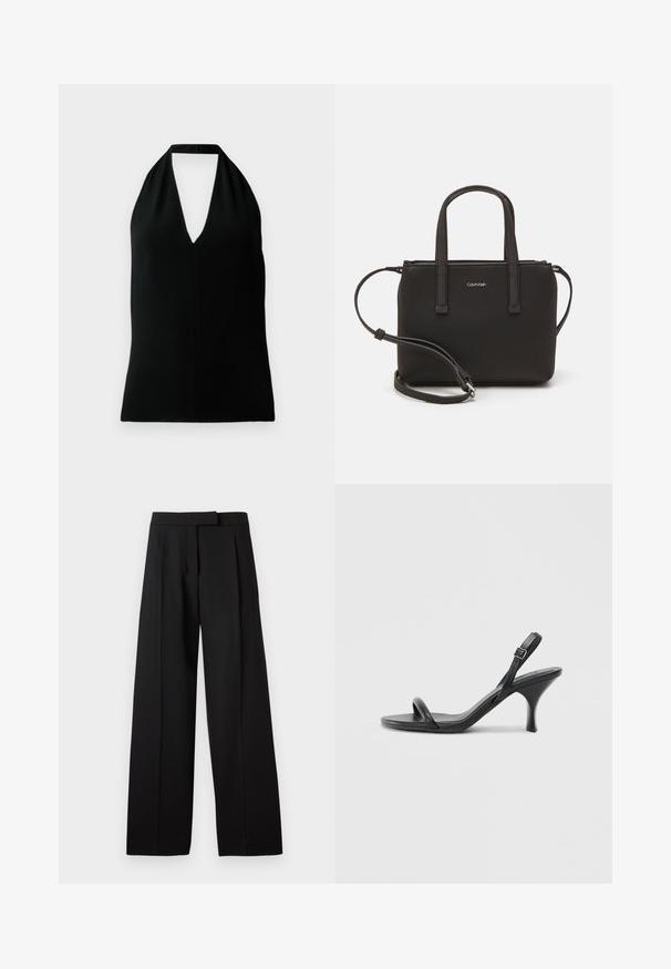 Černý bezramínkový halter top s hlubokým výstřihem do V a zadním páskem, vystavený na bílém pozadí.; Černé široké kalhoty s hladkou texturou, mají plochý přední díl a upravený pás. Jednoduchý design bez viditelného kování nebo vzorů.; Černé kožené sandály na vysokém podpatku s úzkým, zakřiveným podpatkem a designem s překříženými popruhy. Nastavitelný pásek kolem kotníku. Hladký povrch.; Černá kabelka s dvojitými krátkými uchy a odnímatelným ramenním popruhem. Hladký koženkový materiál s uzávěrem na zip a detailem loga.