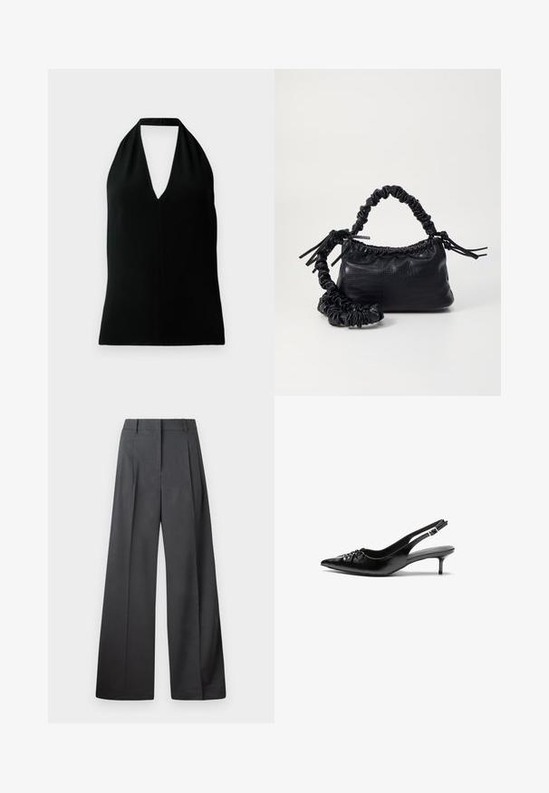 Fekete ujjatlan, nyakpántos felső, mély V-nyakkivágással és hátsó pánttal, fehér háttér előtt bemutatva.; Széles szárú nadrág sötétszürke anyagból, magas derekú, egyes redőkkel, sima textúrával és tiszta befejezéssel a szegélyeken.; Fekete bőrből készült slingback magassarkú cipők hegyes orral, kis francia sarokkal és díszes csomóval az elején. Az egész felületen sima textúra.; Fekete műbőr kézi táska krokodil bőr textúrával, összehúzható tetejű és gyűrt pánttal. Lágy és kompakt dizájnúnak tűnik.
