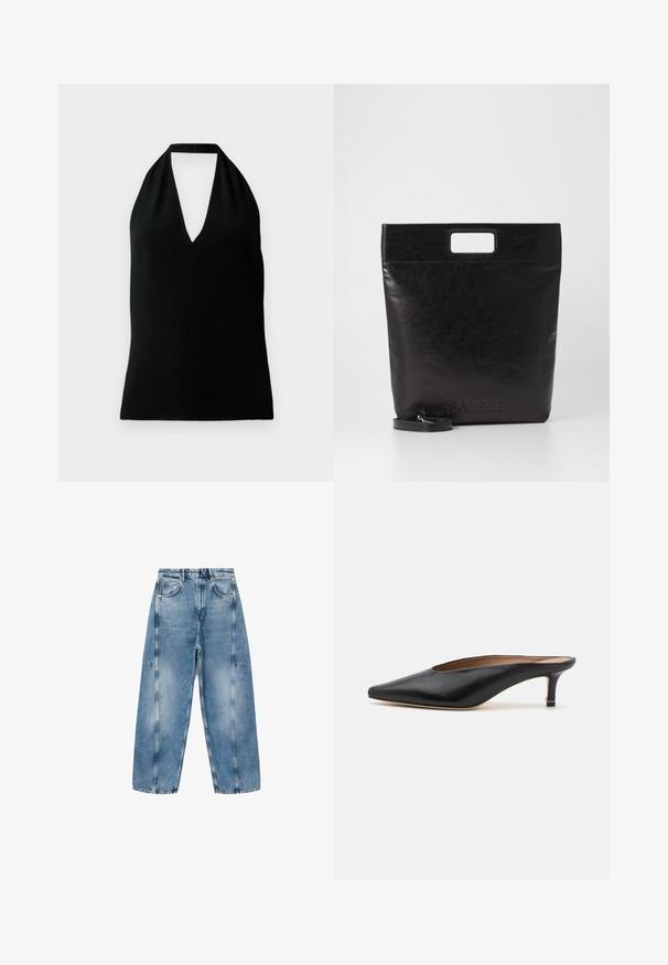 Black sleeveless halter top with a deep V-neck and back strap, displayed on a white background.; Light blue denim jeans feature a relaxed fit, large pockets, and contrasting stitching. The fabric has a faded finish with a smooth texture.; Black leather mules with a pointed toe and low, block heel. Smooth texture with a sleek design. Open back with minimal detailing.; Black leather tote bag with a square handle, featuring a textured finish and embossed logo. Includes a detachable strap.