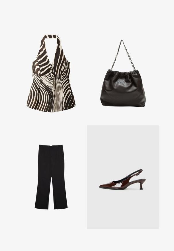 Top senza maniche bianco e nero con collo all'americana, dotato di un motivo a strisce zebrate, chiusura con bottoni e forma strutturata.; Pantaloni neri a gamba dritta, con tasche frontali e spacchi laterali all'orlo. Realizzati in tessuto morbido e liscio. Adatti a diverse occasioni.; Scarpa slingback in pelle verniciata marrone con punta affusolata e tacco moderato. Presenta una fascia con fibbia per una calzata sicura. Tessuto liscio.; Borsa in pelle marrone con parte superiore arricciata e tracolla a catena. Texture liscia con finitura lucida e dettagli di cucitura sottili sui lati.