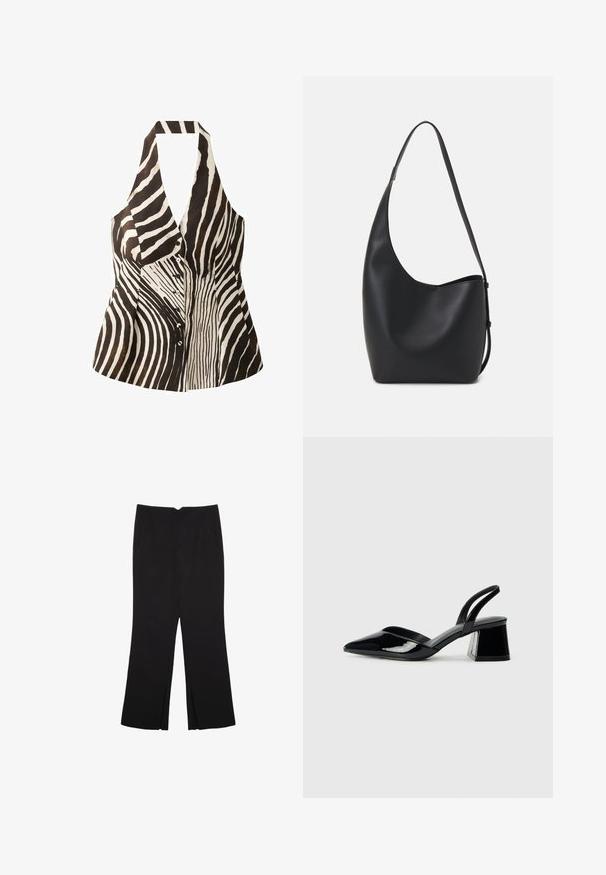 Top senza maniche bianco e nero con collo all'americana, dotato di un motivo a strisce zebrate, chiusura con bottoni e forma strutturata.; Pantaloni neri a gamba dritta, con tasche frontali e spacchi laterali all'orlo. Realizzati in tessuto morbido e liscio. Adatti a diverse occasioni.; Décolleté in vernice nera con punta affusolata e tacco in geometria cubica. Presentano un design elegante e minimalista, con una texture liscia.; Borsa hobo nera in pelle con una superficie liscia, forma curvata e una singola tracolla regolabile; presenta un'ampia apertura nella parte superiore.