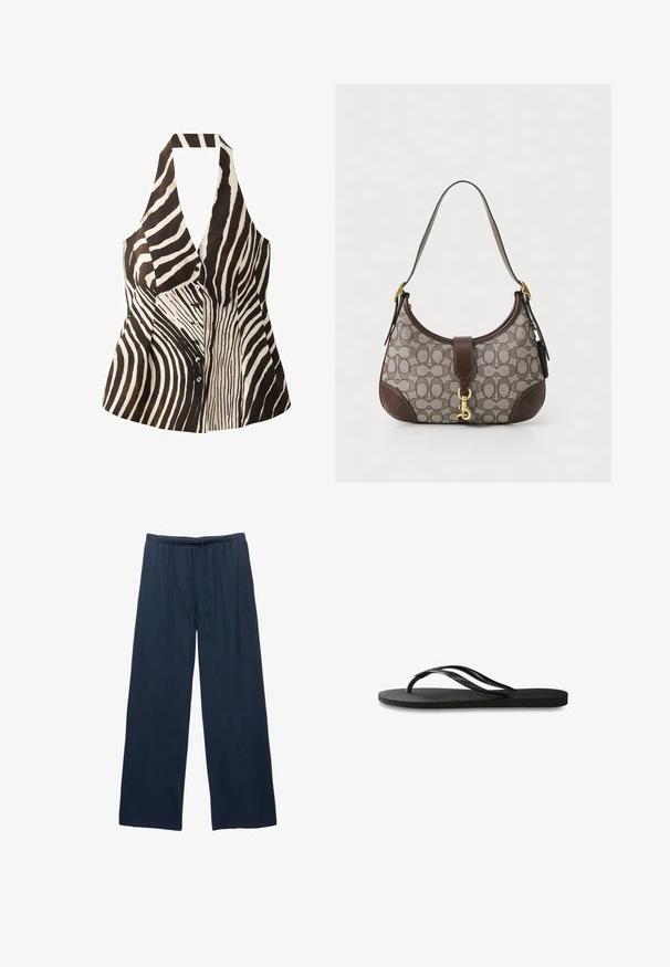 Top senza maniche bianco e nero con collo all'americana, dotato di un motivo a strisce zebrate, chiusura con bottoni e forma strutturata.; Pantaloni ampi blu navy realizzati in un tessuto morbido, con una cintura elastica e un cordoncino per una vestibilità regolabile.; Infradito neri con suola in gomma testurizzata, due cinghie sottili e un sottile dettaglio del logo impresso sulla cinghia.; COACH HAMPTONS HOBO BAG IN SIGNATURE JACQUARD - Borsa a mano - oak maple