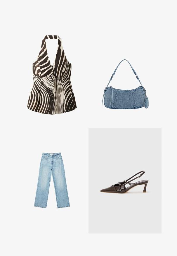 Haut sans manches noir et blanc avec un col halter, présentant un motif à rayures zèbres, une fermeture à boutons sur le devant et une forme structurée.; Jeans en denim bleu clair à jambe large avec une taille haute, présentant un délavage léger et de petits détails de déchirures éparpillés.; Escarpin en cuir verni marron à talon slingback avec un bout pointu, des brides ajustables et des boucles décoratives à l'avant. Hauteur de talon de 3 pouces.; Sac en denim de forme incurvée, couleur bleu clair, avec une bandoulière réglable et une petite pochette détachable avec des accents métalliques.