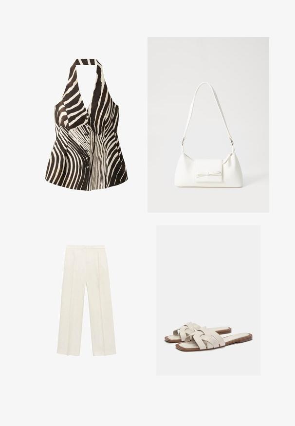 Sort og hvid ærmeløs top med halterneck, der har et zebrastribet mønster, knaplukning fortil og en struktureret form.; Bredbenede bukser i en lys cremefarve. Fremstillet af et glat stof med plisseringer foran og sidelommer.; Lys beige slidesandal med vævede stropper, der har en flad sål og minimalistisk design. Glat tekstur med subtile farvekontrastdetaljer.; Hvid syntetisk håndtaske med en trekantet form, flad forsideklap og sløjfedetalje, justerbar strop, glat tekstur og minimalistisk design.
