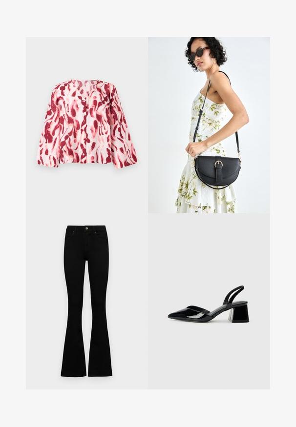 Camicia rosa chiaro con un audace motivo astratto rosso e corallo, caratterizzata da un scollo a V e bottoni sul davanti, su uno sfondo neutro.; Jeans neri a vita alta con chiusura a bottoni e zip, tasche frontali e gambali svasati, distesi su uno sfondo bianco.; Décolleté in vernice nera con punta affusolata e tacco in geometria cubica. Presentano un design elegante e minimalista, con una texture liscia.; Borsa a tracolla nera in pelle con una forma curva, manico rimovibile e accessori dorati. La borsa presenta una patta con un dettaglio a fibbia.