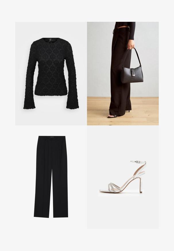 Μαύρη μακριά μπλούζα από δαντέλα με μακριά μανίκια, στρογγυλή λαιμόκοψη, λουλουδάτο σχέδιο, υφασμάτινη υφή και φουσκωτά μανίκια. Λεπτομέρεια με κομμένη άκρη στο κάτω μέρος.; Μαύρο παντελόνι με ίσια γραμμή, που διαθέτει δύο μπροστινές τσέπες και μέση. Κατασκευασμένο από ένα λείο, ελαφρύ ύφασμα.; Ασημένια ψηλοτάκουνα σανδάλια με πολλαπλές λωρίδες που διαθέτουν λεπτομέρειες από ρουμπίνια, ανοιχτό μπροστινό σχέδιο και λουράκι στον αστράγαλο. Λείο μεταλλικό φινίρισμα.; Μαύρη τσάντα χειρός με δομημένο σχήμα, λεία υφή και μεταλλικό κούμπωμα. Συνδυασμένη με φαρδιά μαύρα παντελόνια και σανδάλια ανοιχτής μύτης πάνω σε ξύλινο πάτωμα.