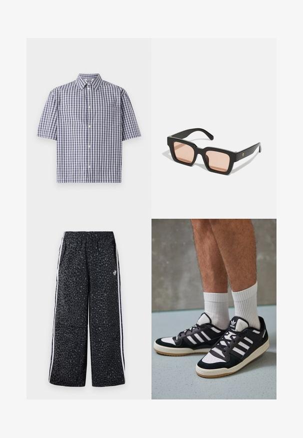 Weekday FRANCO RELAXED SHORT SLEEVE SHIRT - Ing - blue medium; adidas Originals GRAPHIC UNISEX - Tréningruha alsók - black; Fekete-fehér tornacipők velúr és bőr felsőrésszel, három fehér csíkkal, perforált orral és gumi talppal.; Fekete műanyag napszemüveg, téglalap alakú kerettel és világos rózsaszín árnyalatú lencsékkel. Az oldalán egy logó díszítés található.