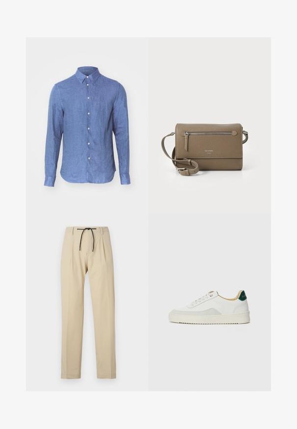 Sinine linane särk, millel on nööpidega kaelus, pikad varrukad, nööpide esiots ja kergelt kõver hem. Sile, tekstuuriga kangas.; Beezid püksid sirge lõikega, millel on nööriga vöökoht, volditud esikülg ja sile tekstuur. Lihtne ja mitmekesine disain.; Valged tennisjalanõud, millel on sametised aktsendid, ümar varvas, lame nöörid ja kreemjas kummine põhja. Hästi nähtav roheline bränding kannal.; Kohvase naha ületõmmatav kott, millel on lukuga esikott, reguleeritav rihm, kivitextuur ja esiküljel embosseeritud logo.