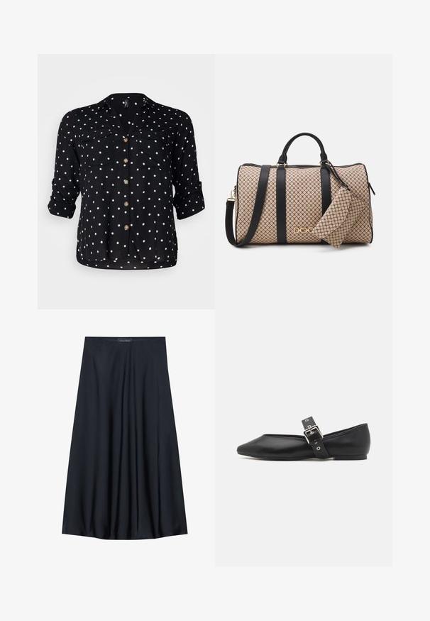 Vero Moda Curve VMBUMPY SHIRT NEW - Blusa com botões - black/white; Saia preta, até aos joelhos, feita de tecido leve com um design fluido. Apresenta uma textura suave e pregas subtis para um detalhe adicional.; Sapato plano em couro preto com bico apontado, tira lateral com fivela prateada e um salto baixo. Textura suave e design minimalista.; Saco de duffle com um exterior estampado em bege, alças em pele preta, ferragens douradas e uma pequena bolsa correspondente anexada. Design estruturado.; Relógio de pulso retangular em tom de ouro com um mostrador branco, marcadores de horas em tom de prata e uma pulseira de metal resistente. Inclui função de resistência à água.