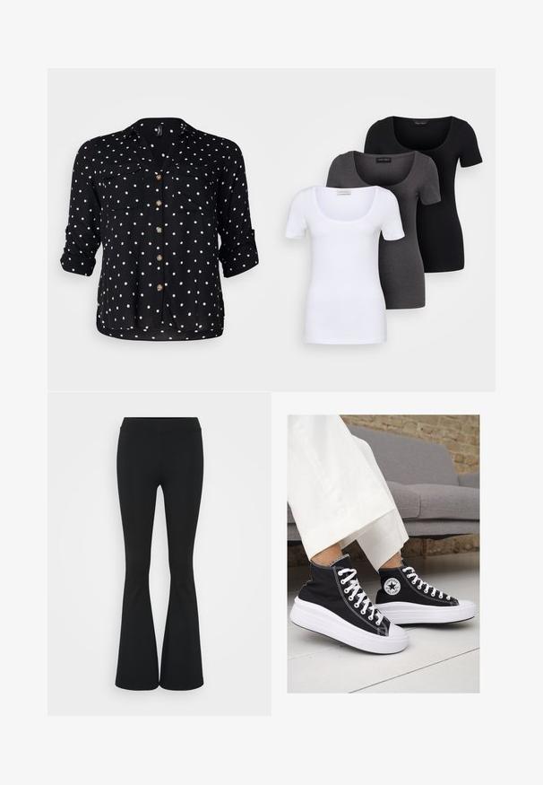 Vero Moda Curve VMBUMPY SHIRT NEW - Bluza s gumbima - black/white; Tri fitted T-shirtovi u bijeloj, sivoj i crnoj boji. Svaki ima široki izrez na vratu i kratke rukave. Napravljen od glatkoga, rastezljivog materijala.; Crne trapezaste hlače od rastezljivog materijala, sa visokim pojasom i glatkom teksturom. Hlače se šire od koljena.; Crne platnene visoke tenisice s bijelim gumiranim potplatima i vezicama. Imaju kružni logo sa strane i kontrastne bijele šavove.