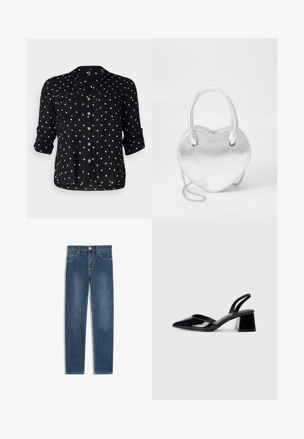 Vero Moda Curve VMBUMPY SHIRT NEW - Skjortebluser - black/white; Mørkeblå denim jeans med lige pasform, fem lommer, diskrete syninger og en metalknap ved taljen.; Sorte patentlæder slingback hæle med spids tå og en geometrisk blok hæl. Har et elegant, minimalistisk design og en glat tekstur.; Sølvmetallic hjerteformet håndtaske med to håndtag, kædestrop og glat tekstur. Har metalhardware og syede kanter.