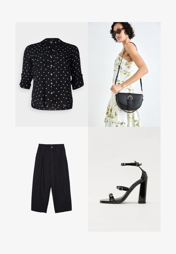 Vero Moda Curve VMBUMPY SHIRT NEW - Skjortebluser - black/white; Sorte polyester culotte bukser med elastisk talje, to forpiber og en løs silhuet. Ingen synlige mønstre eller hardware detaljer.; Sorte patenterede hælsandaler med firkantet tå, ankelremme og sølvspænder. Har en chunky blokHæl for stabilitet.; Sort læderhåndtaske med en buet form, aftagelig rem og guldfinish. Tasken har en klap med en spænde detalje.