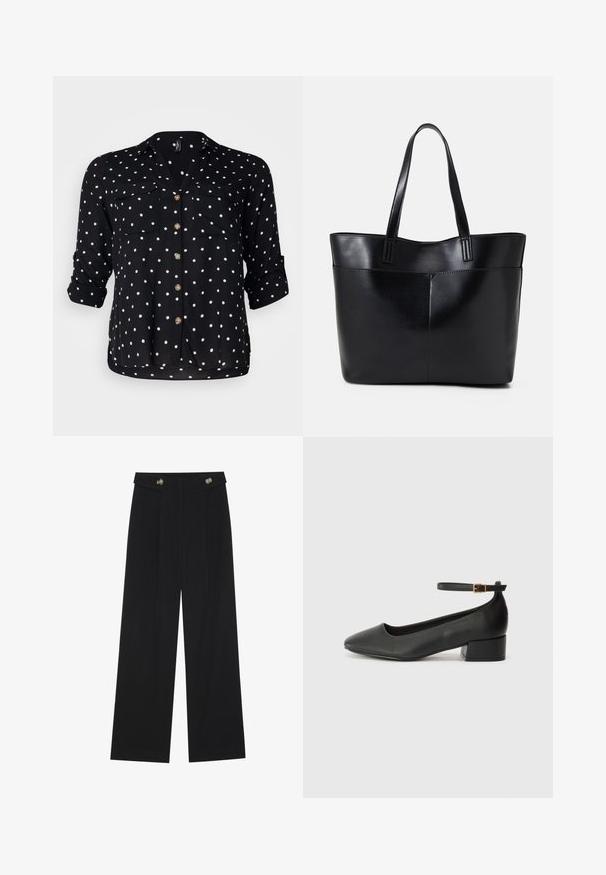 Vero Moda Curve VMBUMPY SHIRT NEW - Chemisier - black/white; Pantalons larges noirs à taille haute, avec des détails de boutons à la taille et des plis sur le devant.; Escarpin en cuir noir avec un bout pointu et un petit talon bloc. Doté d'une bride de cheville avec une boucle dorée. Texture lisse.; Sac fourre-tout en cuir noir avec deux longues poignées, une texture lisse et une forme structurée. Dispose d'une poche avant pour un rangement supplémentaire.